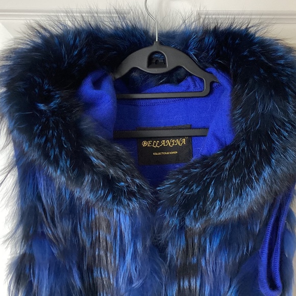 Gorgeous Real Silver Fox Fur Dyed Royal Blue Long Vest with Hood and Belt NWT - Picture 3 of 15
